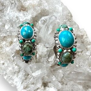 Vintage Turquoise Cabochon Hoop Huggie Earrings Clip On